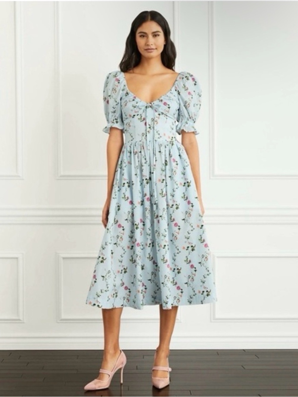 Hill House Ophelia in Pond Floral Midi Dress with Puff Sleeve — Size M